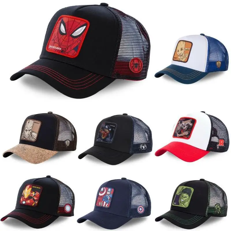 

Marvel Spider-Man Hulk Groot Iron Man Anime Peripherals Cartoon Cap Sunshade Creative Mesh Baseball Cap Festival Gift Wholesale