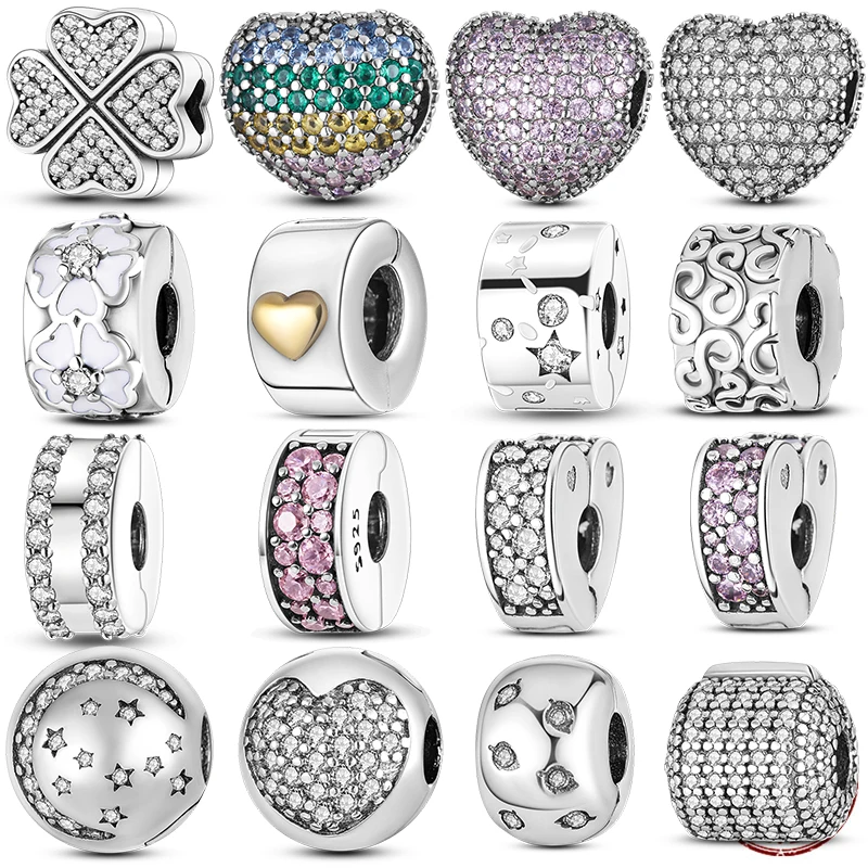 

Real 925 Sterling Silver White Zircon CZ Heart Engraved Silver Clip Charms fit Pandora Beads Charms Bracelet DIY Silver Jewelry