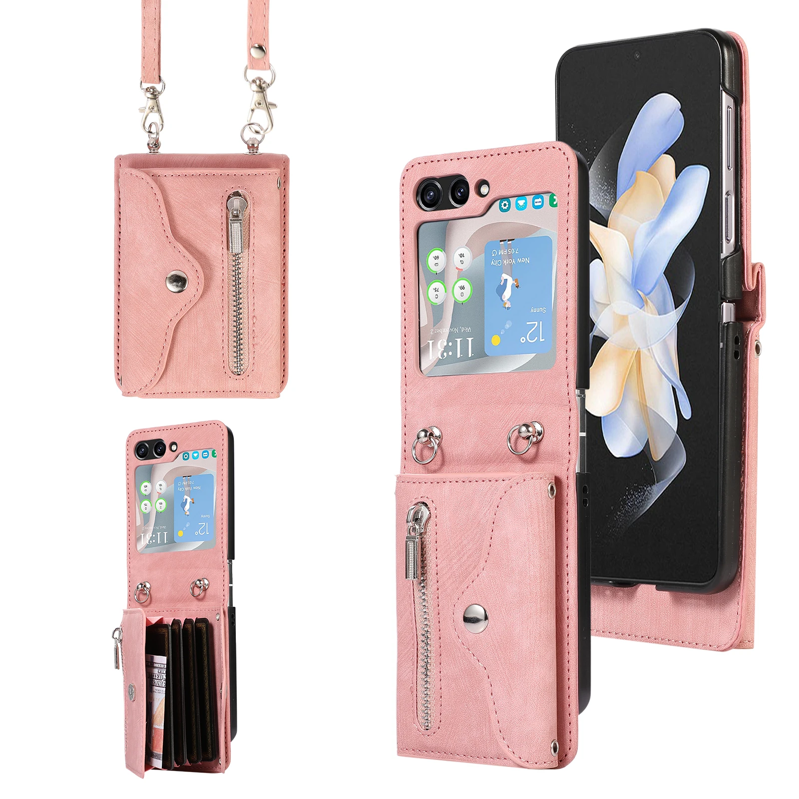 

Crossbody Zipper Wallet Card Slot Leather Phone Case for Samsung Galaxy Z Flip 5 4 3 Flip5 5G Coin Purse Lanyard Bag Strap Cover