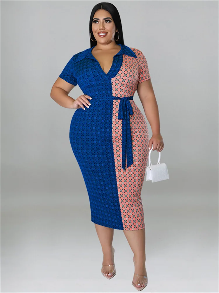 Plus Size Women Clothing Dresses with Lace Up Patchwork Bodycon Stretch Elegant Plaid Maxi Dress Whole 3xl 4xl 5xl 6xl