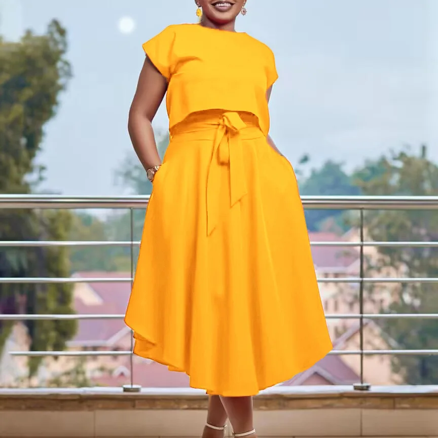 Plus Size Two Piece Dress Solid Shirt Top Loose Luxury Party Dress Korean Style Casual Outfit 2023 Summer Female Matching Sets