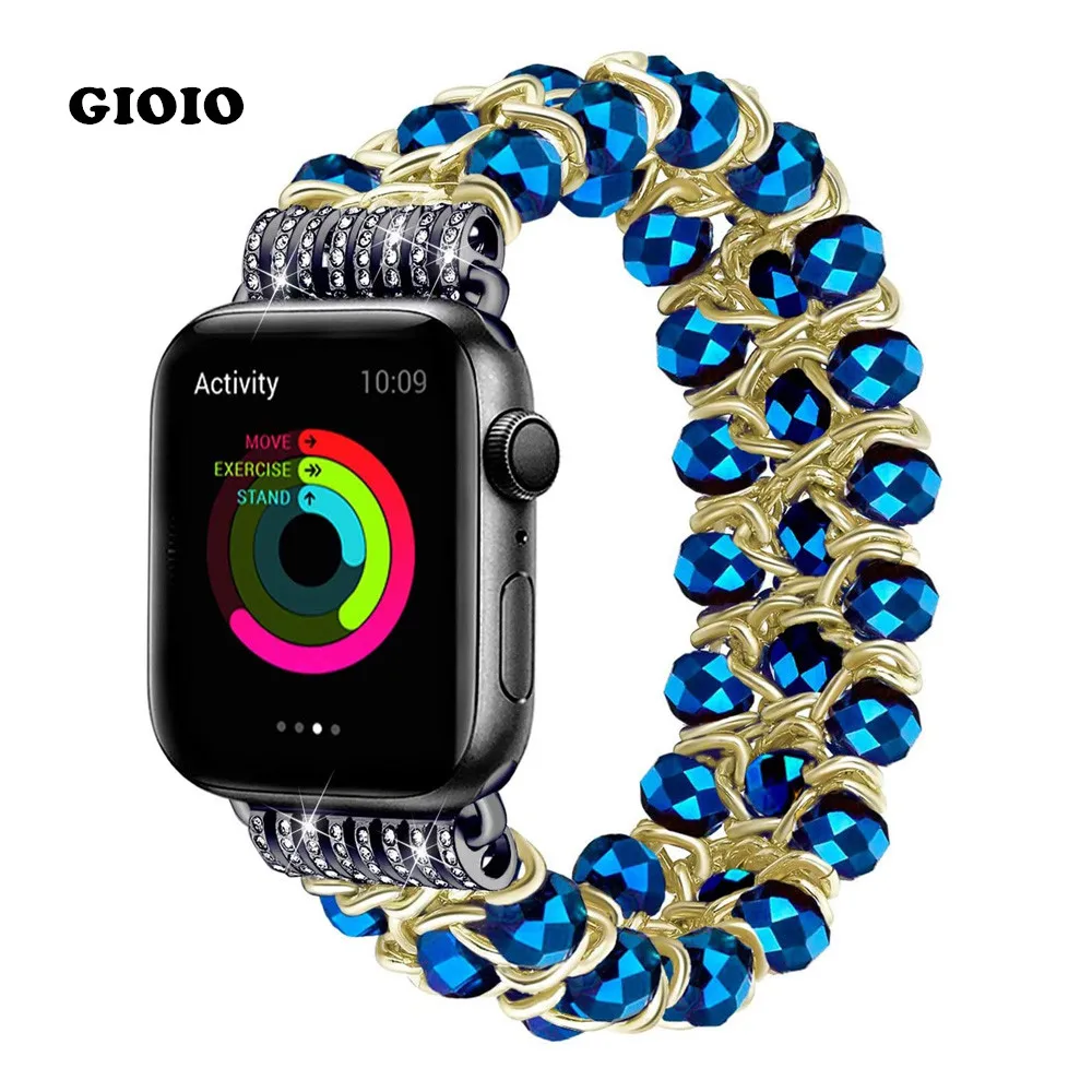 

Ремешок Женский эластичный для Apple Watch, браслет с синими кристаллами для iPhone Watch 7 6 5, 45 мм 44 мм 42 мм 41 мм 40 мм 38 мм