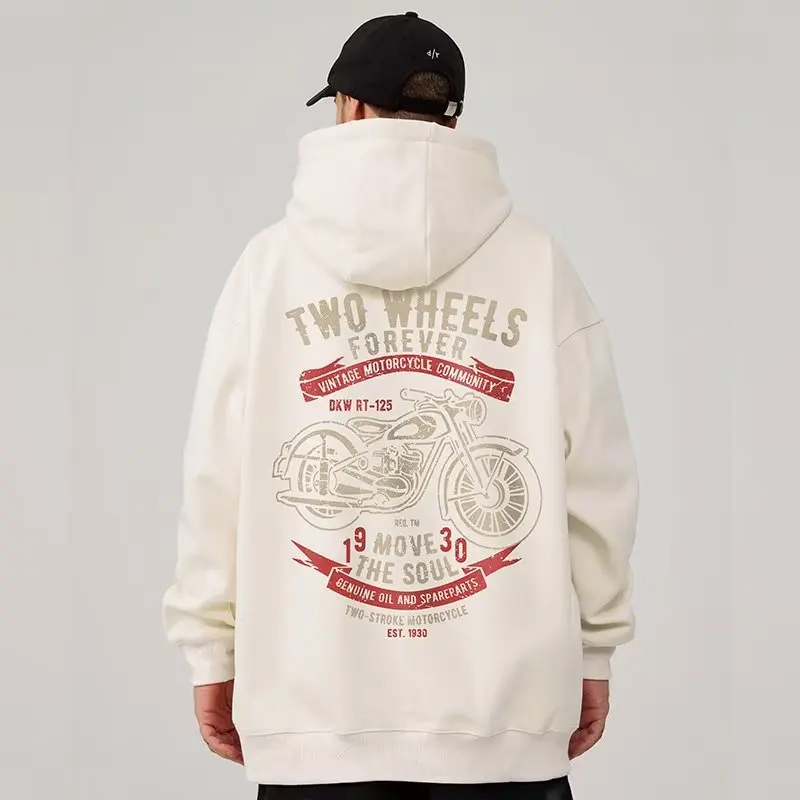 

American Retro Hip-hop Sweatshirt Men's Motorcycle Heavy Distressed High Street Plus Velvet Spring Autumn And Winter Hoodie Y2k