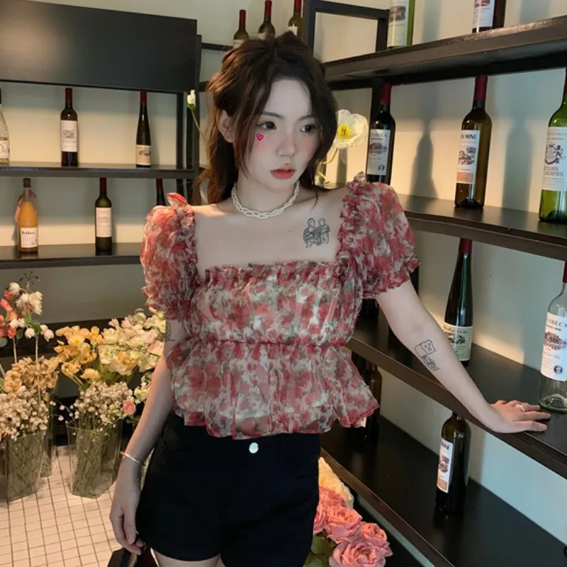 

Fashion Floral Print Women Cropped Tops Square Collar Puff Short Sleeve T-Shirt 2022 Summer New Hot Girl Tees