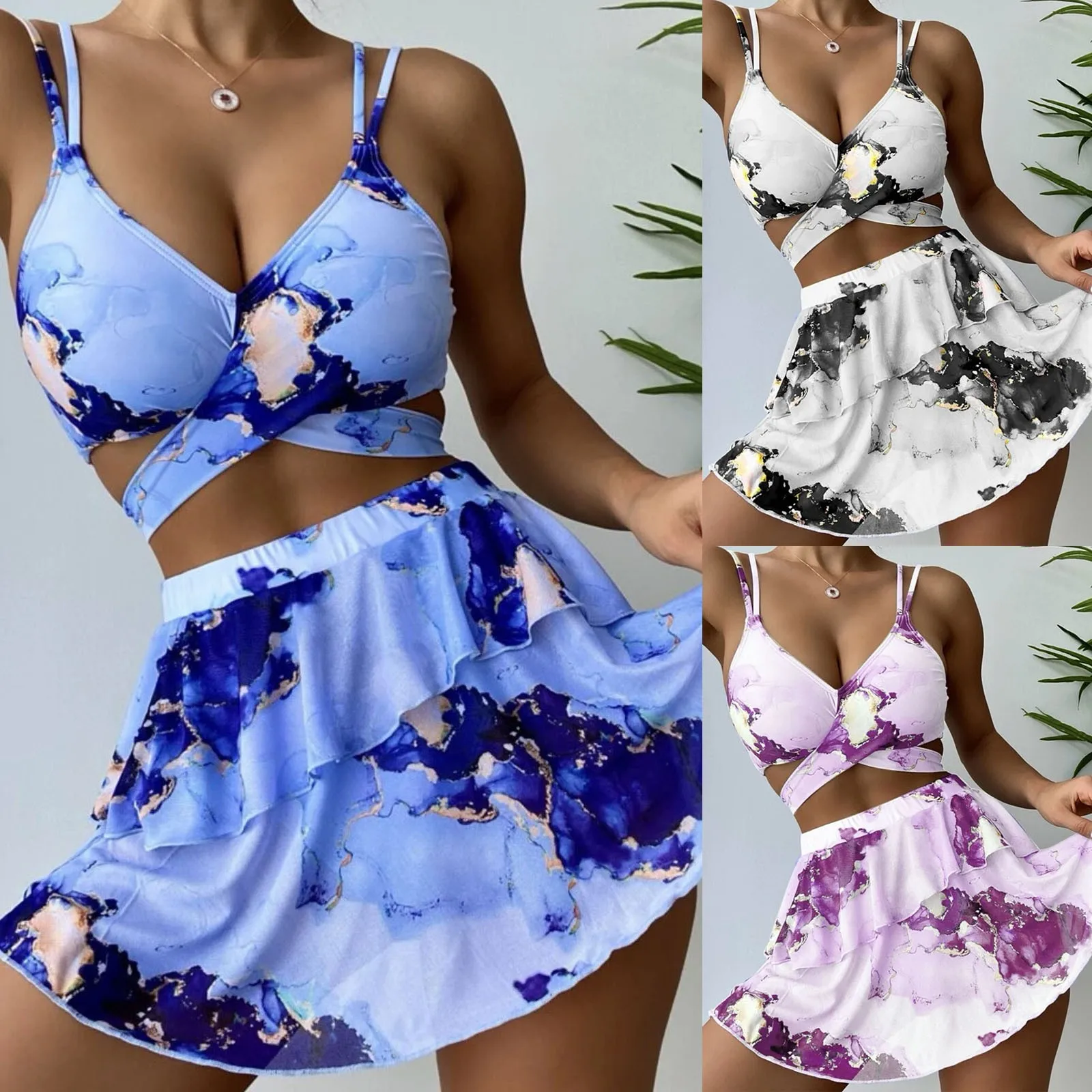 

2023 Женский комплект бикини с принтом без рукавов из двух предметов пляжная одежда горячие сексуальные купальники комплект танкини