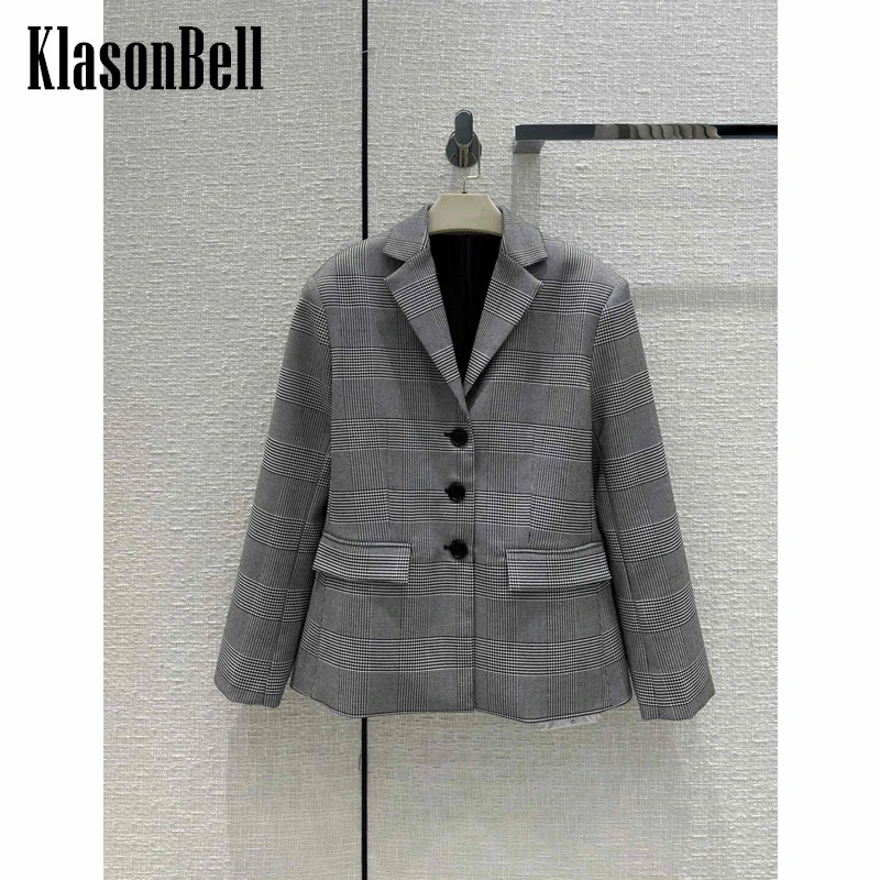 

1.6 KlasonBell Vintage Elegant Plaid Long Sleeve Single Breasted Office Lady Gray Blazer Women