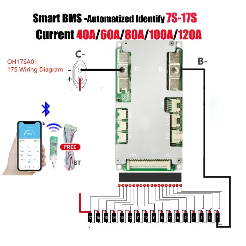 Фото Умная BMS JBD 8S 24V 7S 10S 12S 13S 14S 16S 48V 17S LiFePo4 Li-ion 40A-100A Jiabaida с Bluetooth, балансировкой, RS485, CAN, UART №4