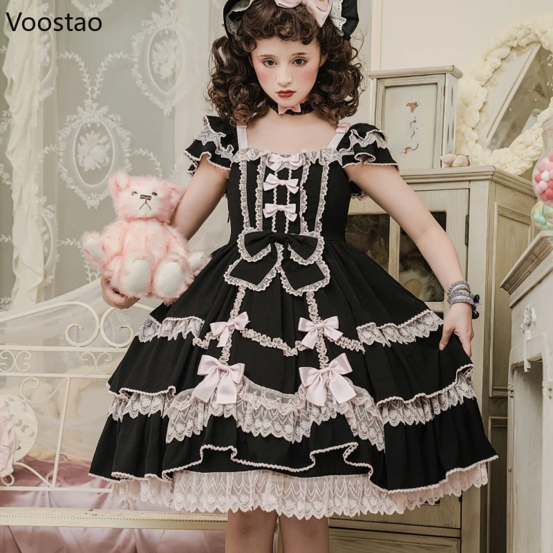 

Japanese Gothic Lolita Princess OP Dress Victorian Women Sweet Bow Lace Ruffles Party Dresses Girly Harajuku Kawaii Vestidos