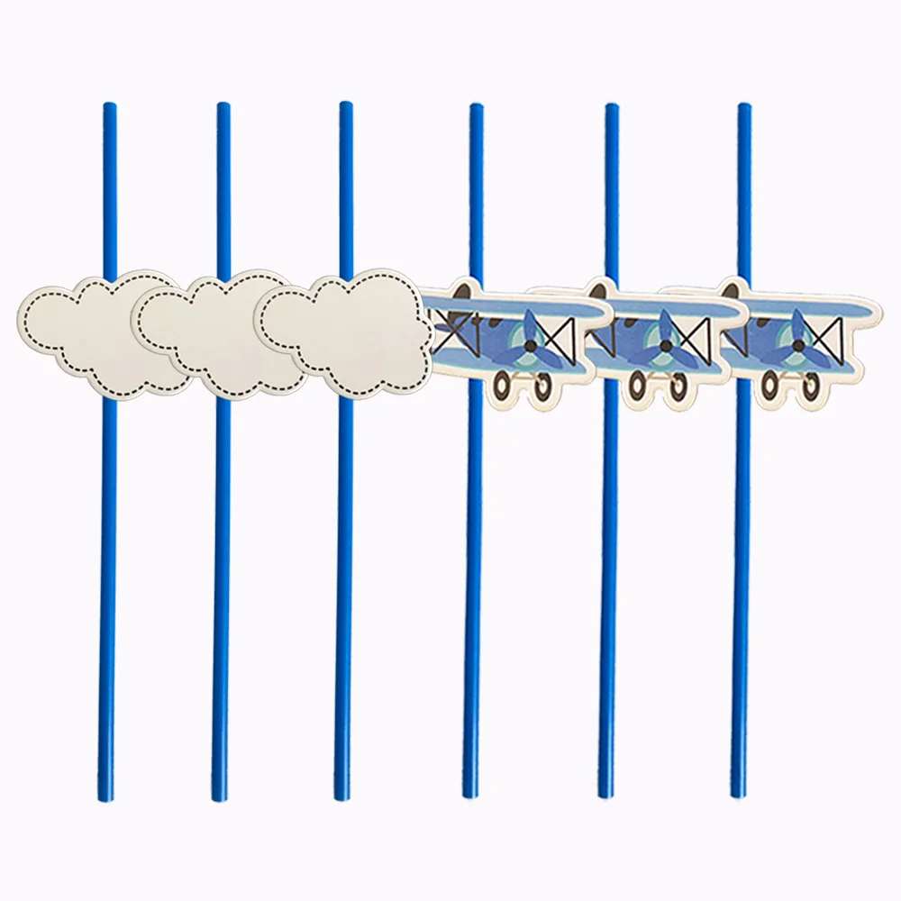 

12Pcs/Set Airplane Time Flies Party Flexible Drinking Straws Blue Aircraft White Cloud Straw Baby Shower Birthday Decoration