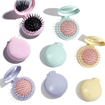 Mini Pocket Mirror Folding Comb Girl Women Portable Round Pocket Small Travel Massage Hair Brush with Mirror Styling Accessories