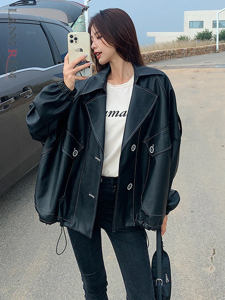 

LANMREM Women's Autumn Loose PU Leather Jacket Lapel Long Sleeves Motorcycle High Street Cool Clothing Female 2R4213