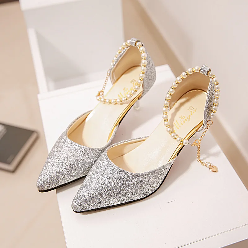 

Women Sexy Pointed Toe Pearl High Heels Shoes Female Wedding Hollow With Sandals Paillette Thin Breathable Shoes Lady Pumps -40