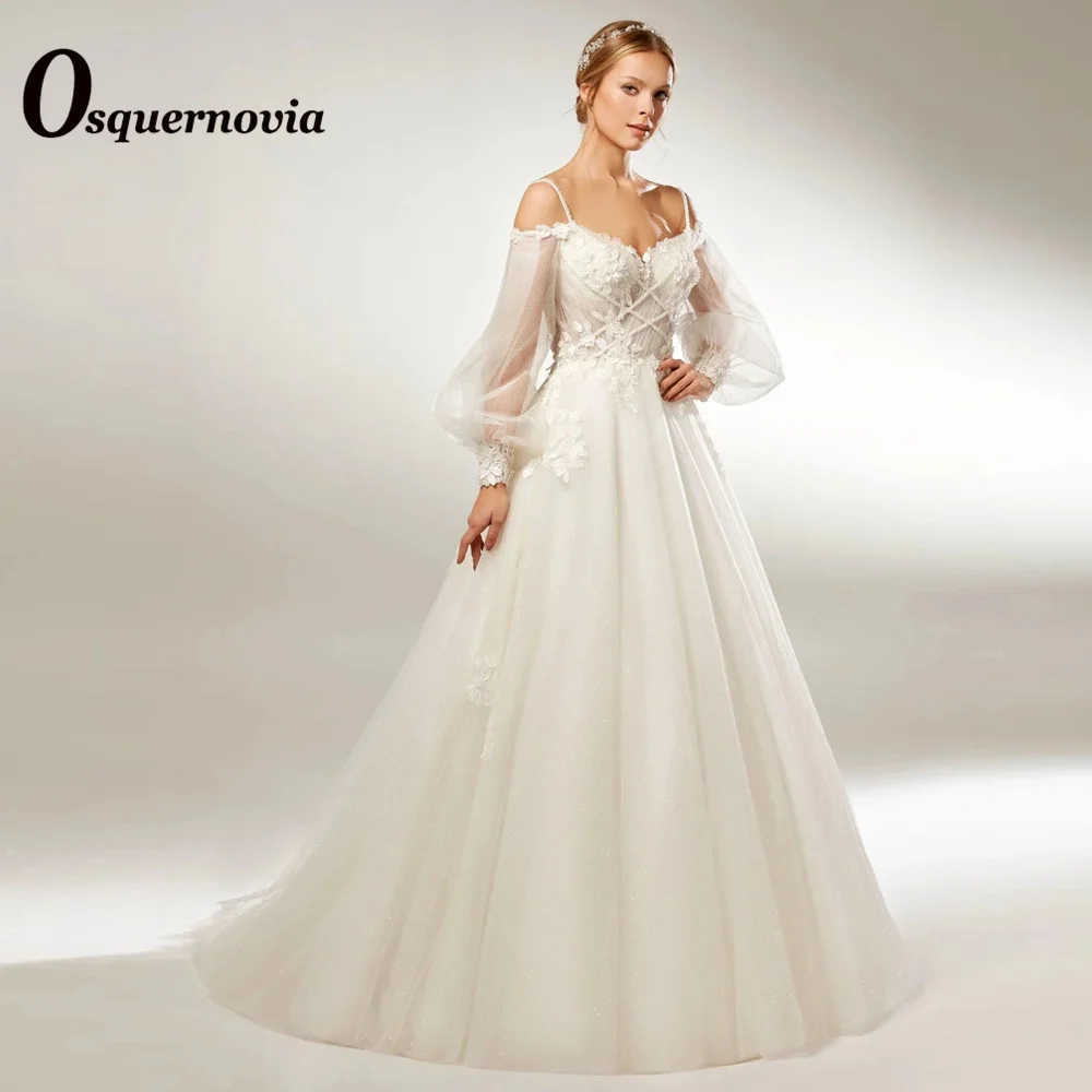 

Osquernovia Chic Lantern Sleeves A-line Glitter Tulle Wedding Dresses 2023 V-neck Appliques Backless Spaghetti Straps Customized