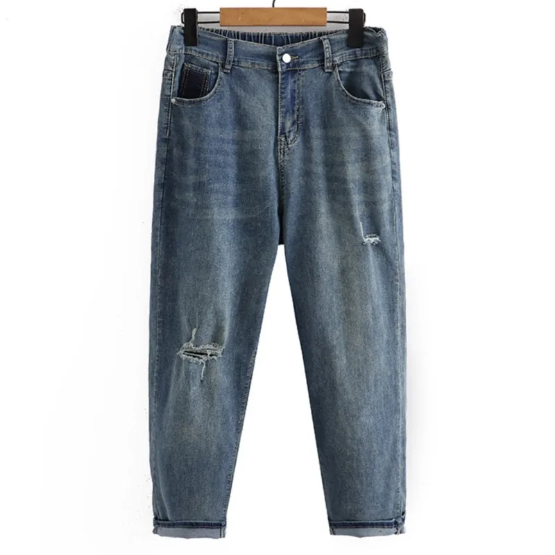 

Plus Size Women Jeans Oversized High Waist Curve Clothes Vintage Cut Holes Thin Denim Harem Pants Summer 2023