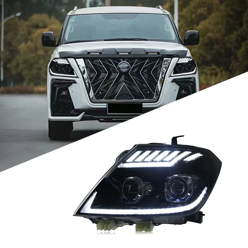 Фото Для Nissan Patrol 2012-2019 фара в сборе Y62 модифицированные светодиодные дневные ходовые огни стример поворотники двойной свет линзы LE №1