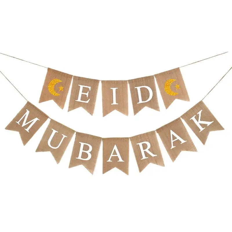 

1 Set EID MUBARAK Swallowtail Flag Muslim Ramadan Decoration Bunting Linen Swallowtail Flag For Eid Mubarak AW