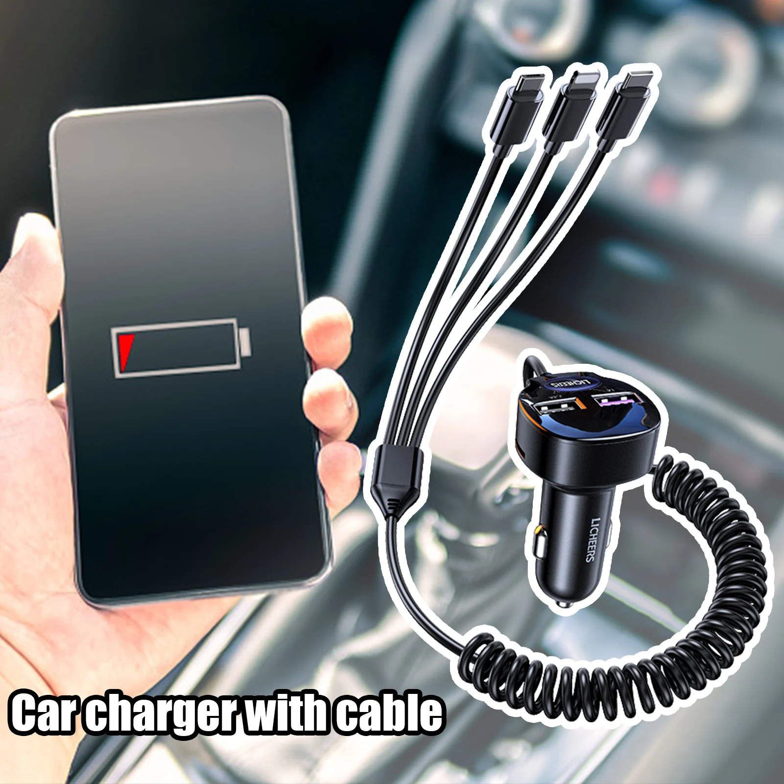 

Автомобильное зарядное устройство с двумя USB-портами и кабелем 3 в 1, 55 Вт