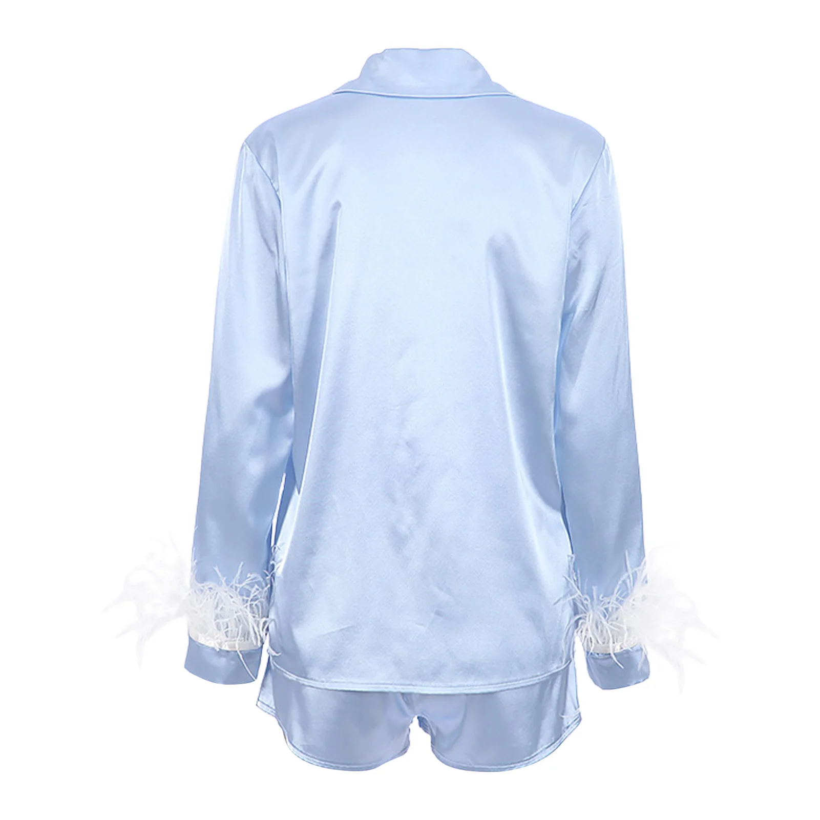 Satin Sleepwear Set Silk Satin Sleepwear Long Sleeve Feather Shirt Shorts Nightwear Women's Pajamas Sets for Home Wear  S-XL