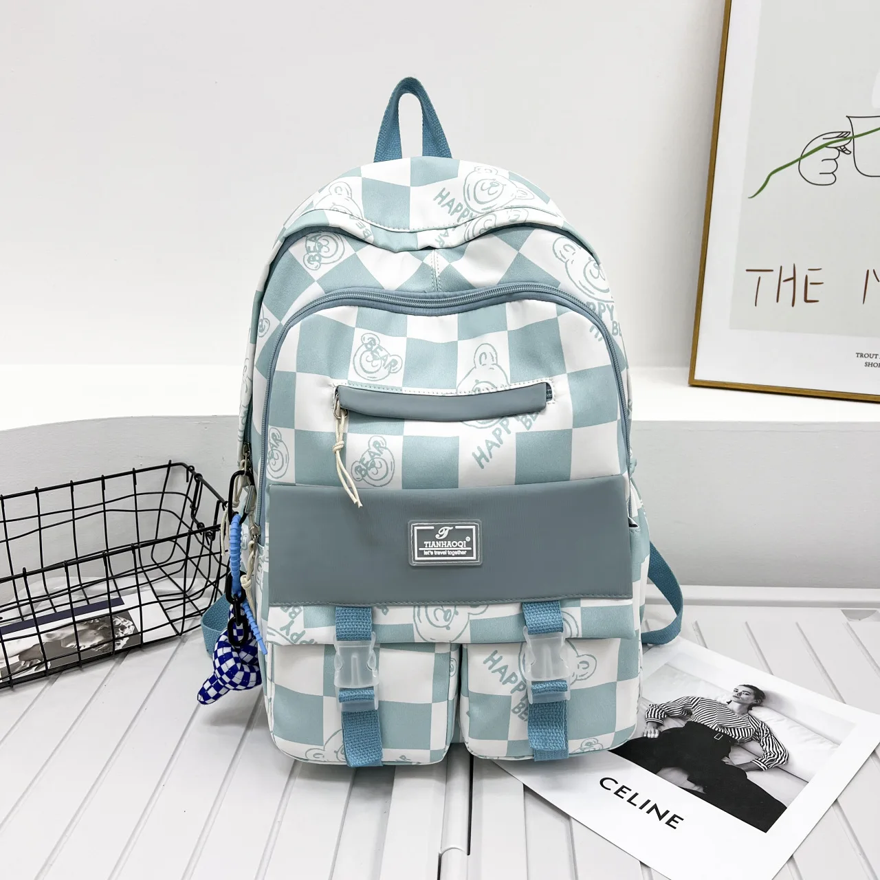 Klein Blue Bag Female Junior High School Senior high school Chessboard Plaid Backpack Male Large Capacity Computer Backpack