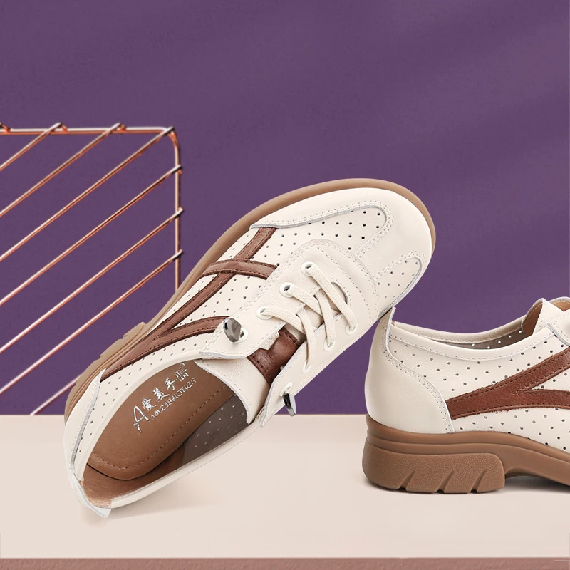 Spring British Small Leather Shoes women's Soft Leather Lace-up Single Sports Wind Hollow Breathable Casual Shoes Flat Large Siz