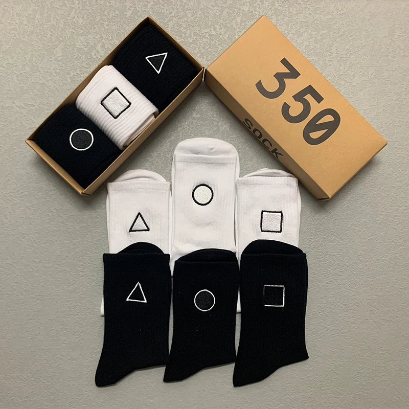 3 Pairs/Box Smile Geometry Stockings Cotton Harajuku Solid color Soft Triangle Sports Funny Long Gift for Men Women Socks Pack