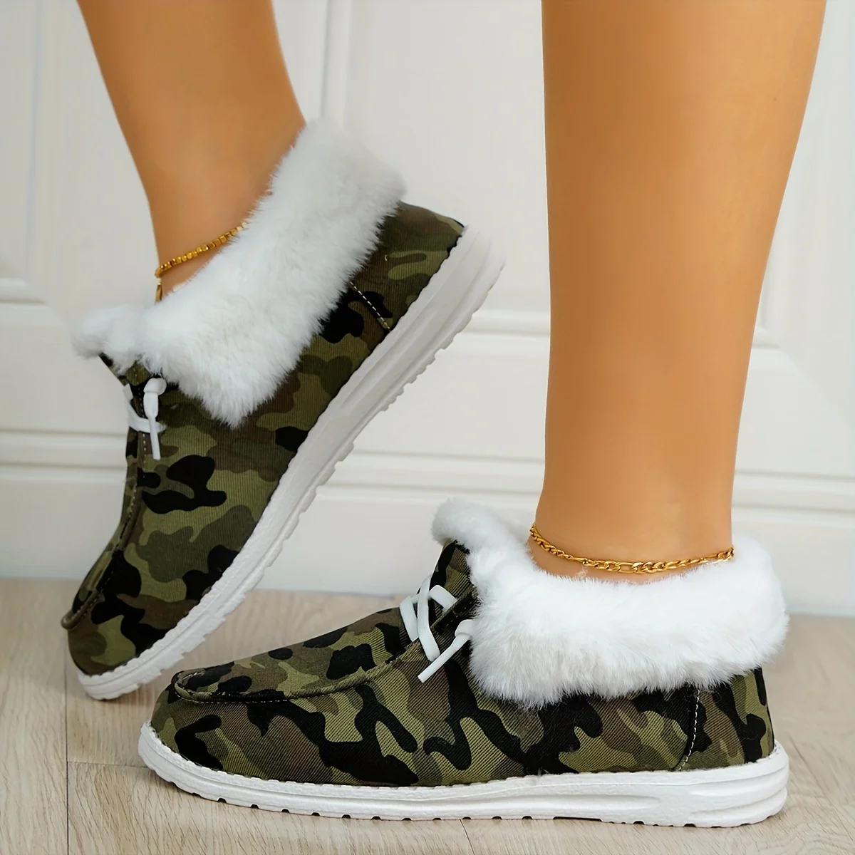 Женские пушистые парусиновые туфли камуфляжная обувь с круглым носком без