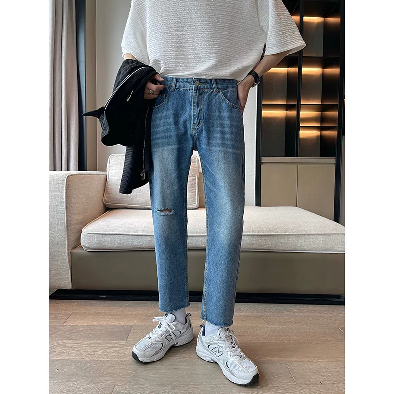 Summer Blue Black Jeans Men Slim Fit Fashion Casual Hole Straight Jeans Men Korean Perforated Denim Pants Mens Trousers M-2XL
