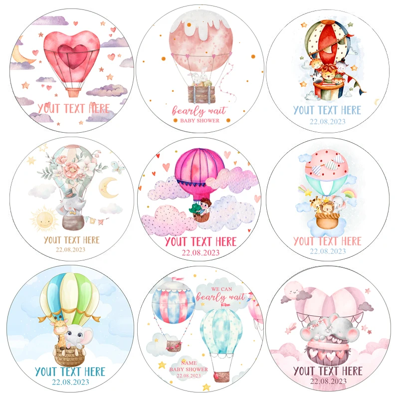 

Custom Round Stickers Cartoon Hot Air Balloon Baby Shower Favor Stickers Personalized Customize Name Date Text Kids Gift Labels