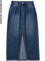 pailete women 2022 fashion front slit denim midi skirt vintage high waist patch pocket female skirts mujer