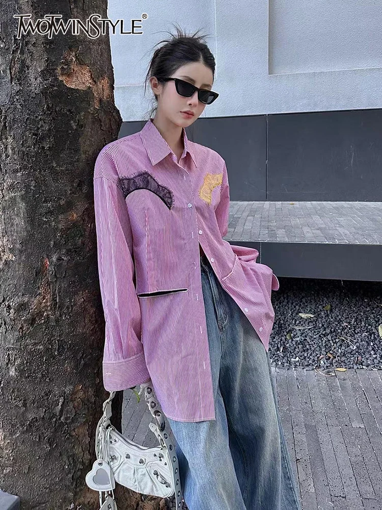 

TWOTWINSTYLE Patchwork Hit Color Lace Shirts For Women Lapel Long Sleeve Spliced Single Breasted Blouse Female Fashion Clothing