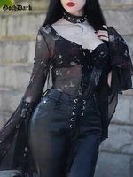 goth dark skull graphic emo mall gothic sexy bodysuits women flare sleeve mesh see through tops grunge aesthetic bandage clothes