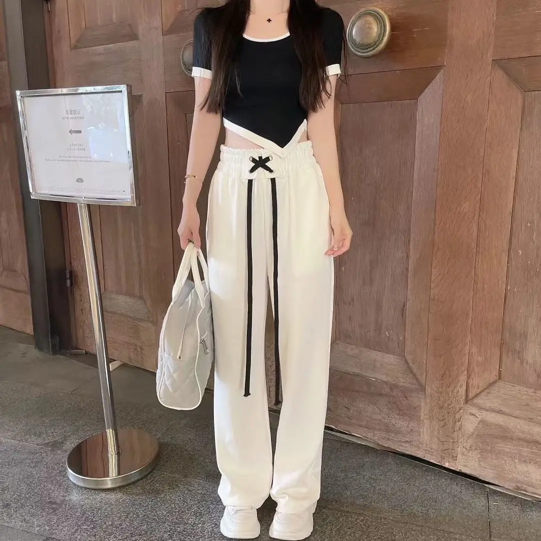 

Casual Two Piece Set Women Sleeveless Crop Top+Wide Leg Pants Matching Outfit Female Concise Streetwear Summer 2 Piece Outfit