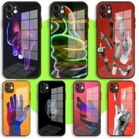 liquid tempered glass case for iphone 13 11 12 mini pro max xs xr x 7 8 6 plus se2 silicone cover hands under neon lights