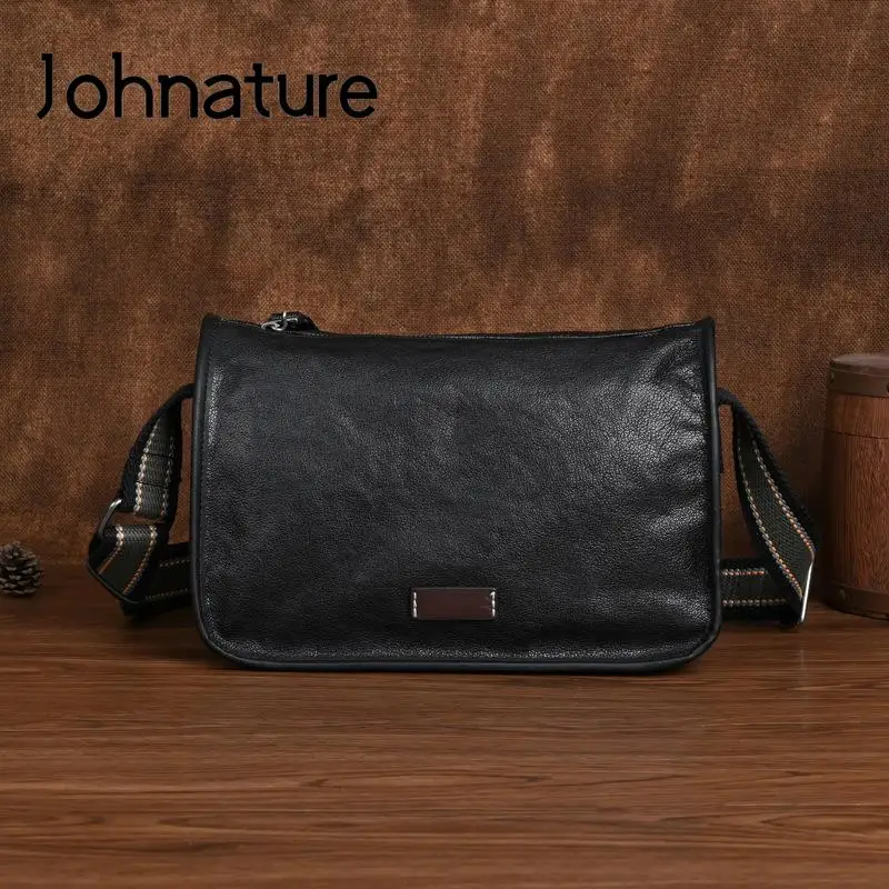Johnature Fashion Genuine Leather Men Shoulder Bags 2022 New Simple Soft Real Cowhide Solid Color Versatile Man's Messenger Bag