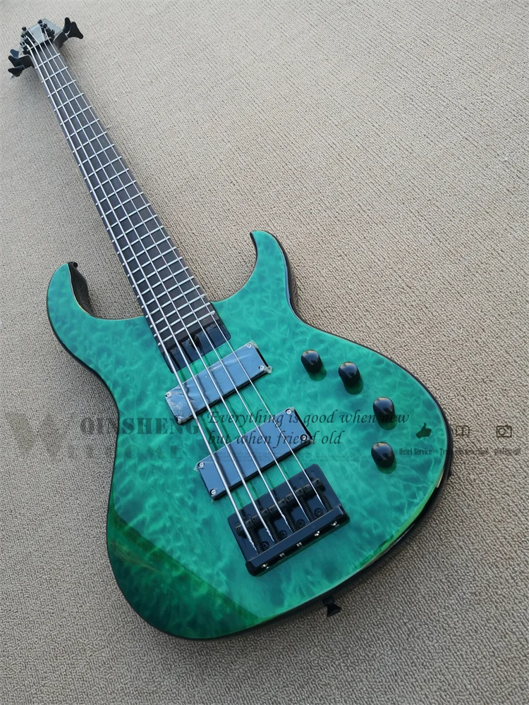 

Custom 5 string classic electric bass guitar, green mo bass, squilted veneer, gold bridge, black button