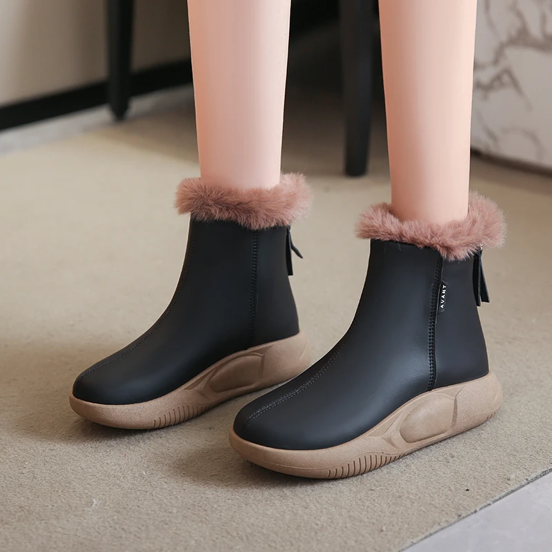 Winter Snow Boots Women Ski Boots Fluffy Hairy Lace Up Middle Calf Platform Flat with White Ski Boots Platform Boots Women Shoes