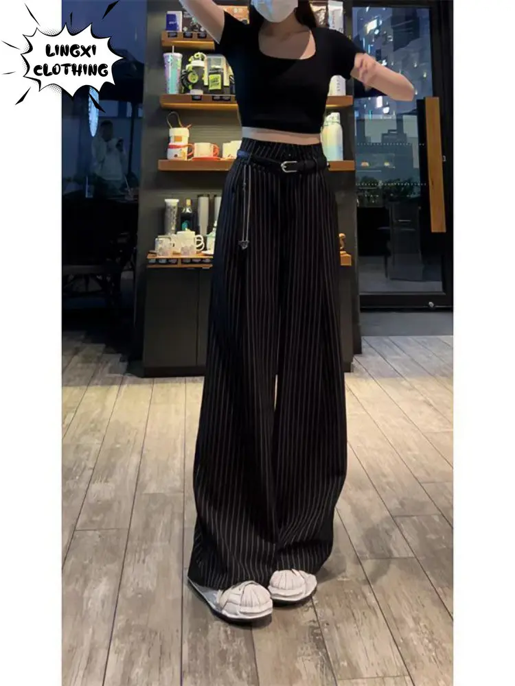 Striped Suit Pants 2023 Summer New Korean Women's Clothes Draped Casual Pants Straight Leg Loose High-waisted Wide-leg Pants