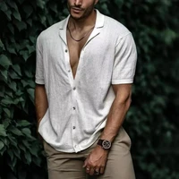 2022 hot new casual cotton and linen shirt mens solid color short sleeved casual cotton and linen shirt top summer men