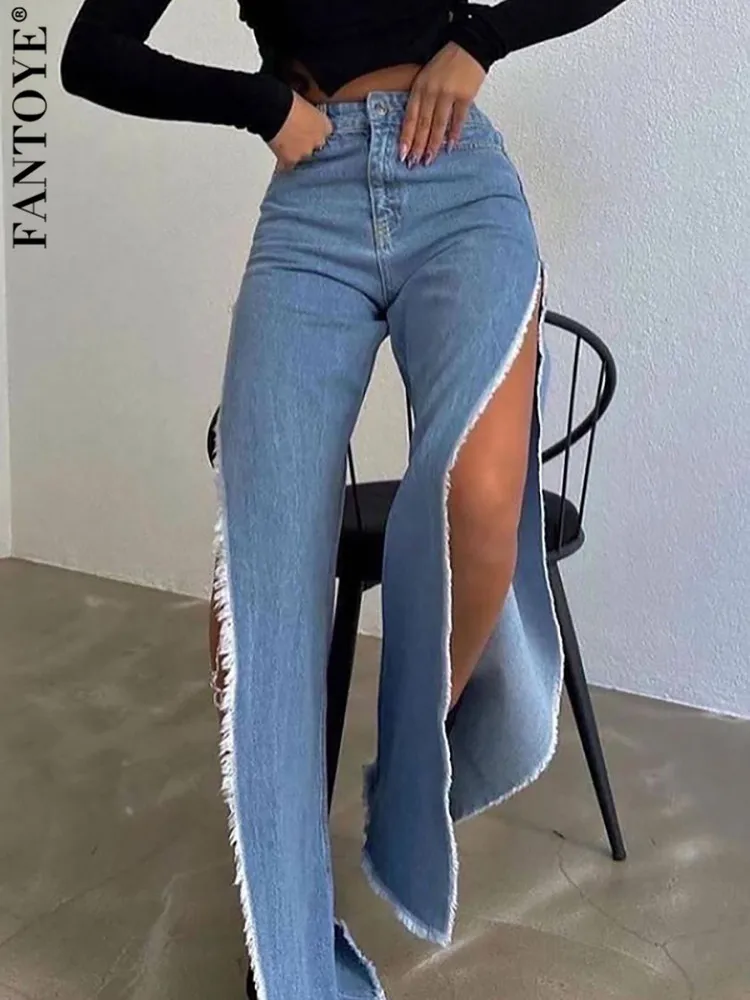 

Fantoye Sexy Side Slit Hollow Out Women Jeans Black High Waist Metal Button Jeans Female Summer Slim Spicy Girl Streetwear 2023