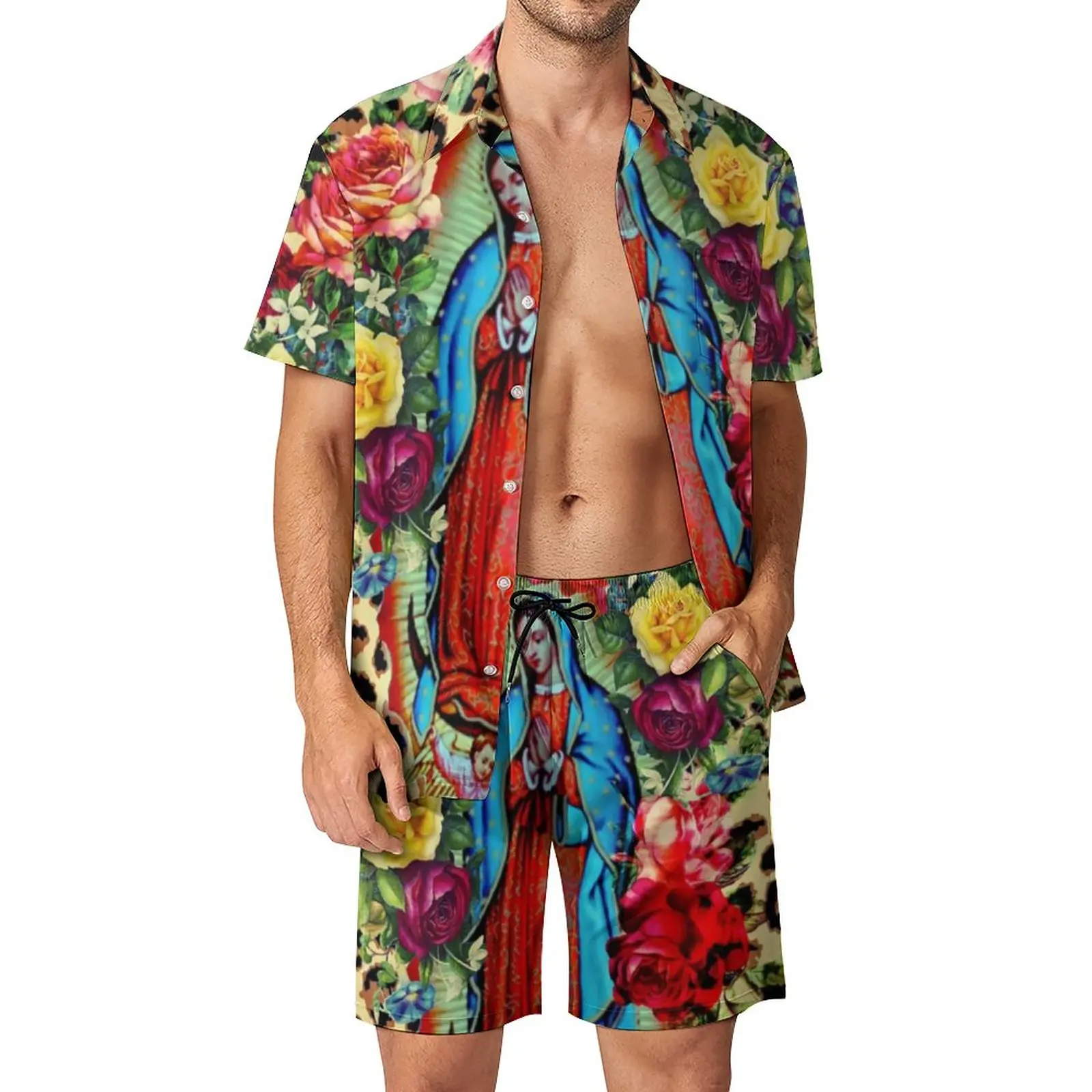 

Guadalupe Virgin Mary Men Sets Floral Print Casual Shirt Set Vintage Beach Shorts Summer Suit Two-piece Clothing Big Size 3XL