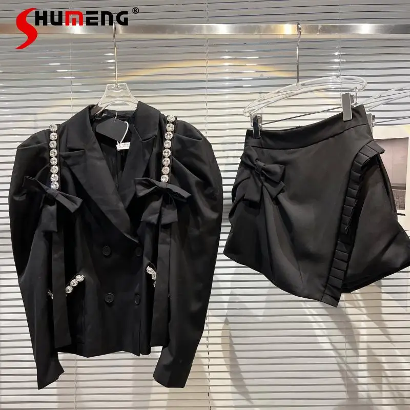 

2022 Spring New Rhinestone Bow Suit Coat Solid Color Long Sleeve Jacket A-line Short Culottes Women's Elegant Two Piece Suit