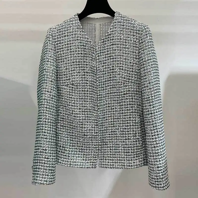

23SS Fashion New 100%Silk Beaded Jacket Runway Classic Gentle V-neck Long Sleeve Loose Coat Elegant Women High Quality Clothes