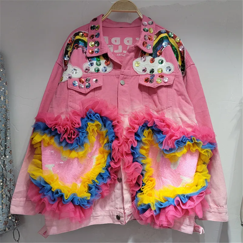 

Pink Tie Dye Denim Jacket Women Fashion Loose Short Big Pocket Outwear Mesh Splicing Sequins Jeans Jacket Coat Female Streetwear
