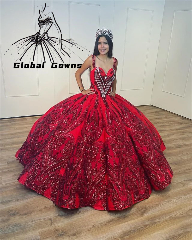 

Charming Red Sweetheart Ball Gown Beaded Sequined Quinceanear Dress Princess Sweet 16 Graduation Vestidos De 15 Años 2022