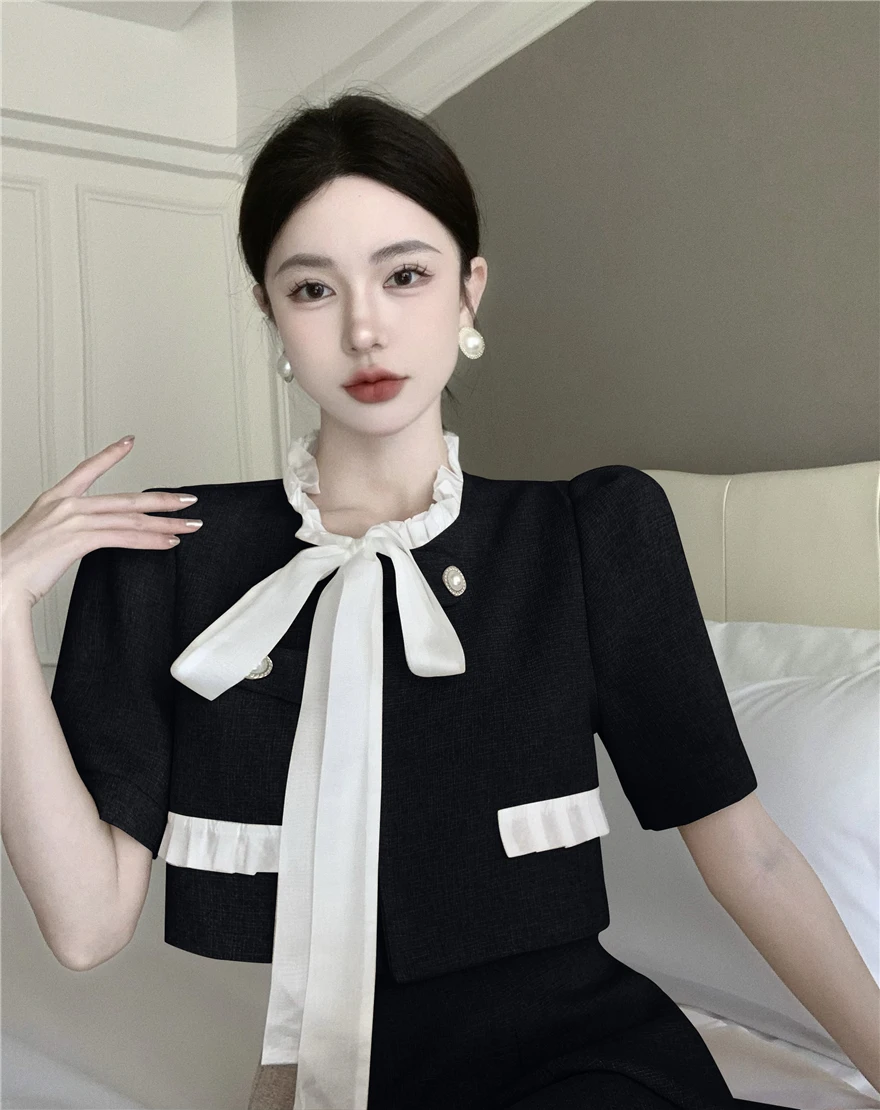 Women's Summer Elegant Short Skirt Suit Casual Korean Bow Top + High Waist Pleated Skirt Female Two-piece Clothes Trend 2023 New images - 6