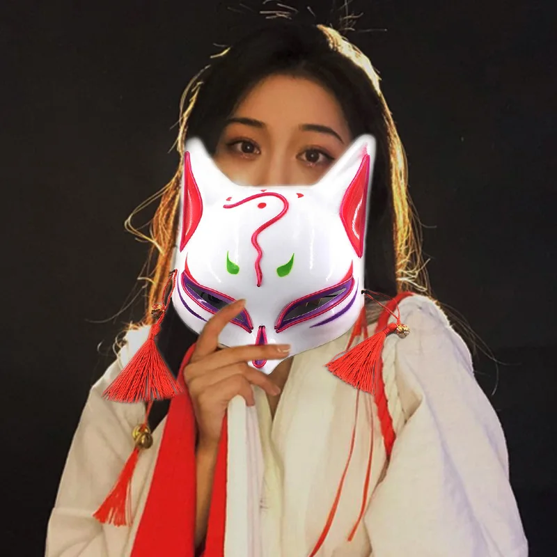 Японская маска EL Wire в стиле аниме лисы с неоновой подсветкой на половину лица LED для Хэллоуина, карнавальной вечеринки.