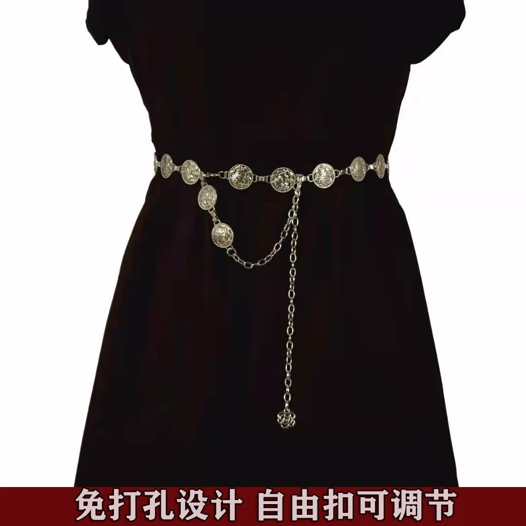Elegant Round Metal Belt For Women Retro Gold Silver Carved Chain Long Belts Fashion Dress Decorative Lady Waistband