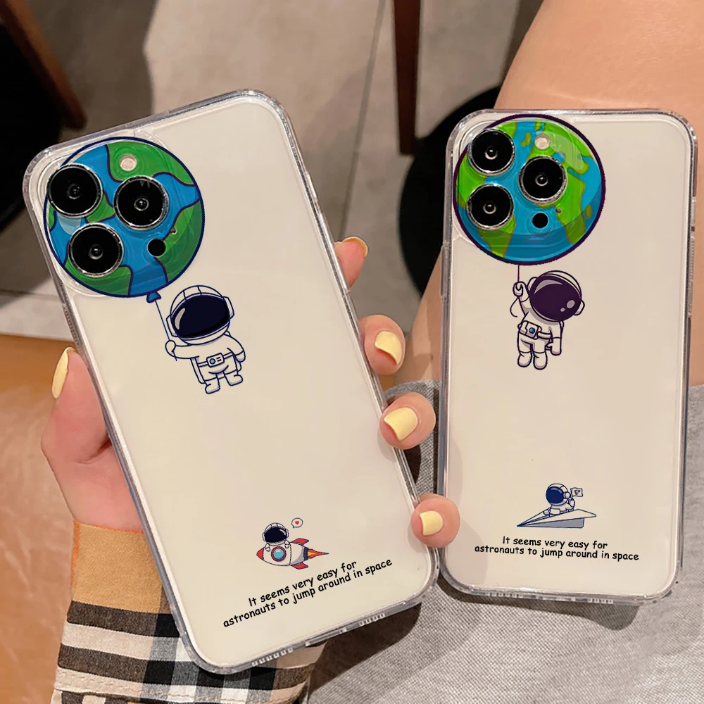

Cartoon Astronaut Ultra Thin Clear Phone Case For Apple iPhone 11 12 13 Pro Max 12 13 Mini X XR XS Max SE 6 6s 7 8 Plus Black