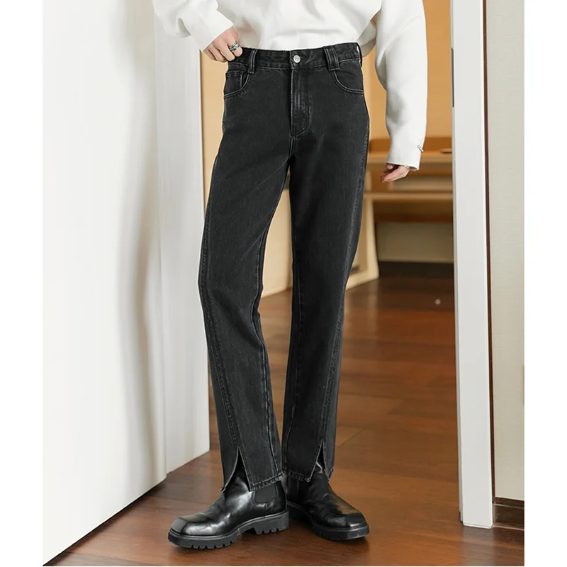 

Streetwear Men 2022 Fashion New Style Vintage Recreational Black Split Fork Jeans Loose Straight Cylinder Trousers Autumn Female