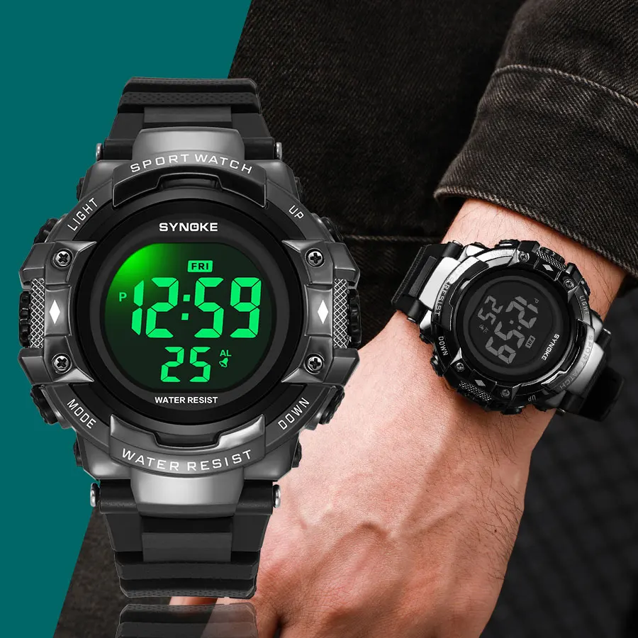 

SYNOKE Black Digital Watches for Men Big Dial Watch Wristwatches 50M Waterproof Alarm Clock Stopwatch Relogio Masculino 2023 New